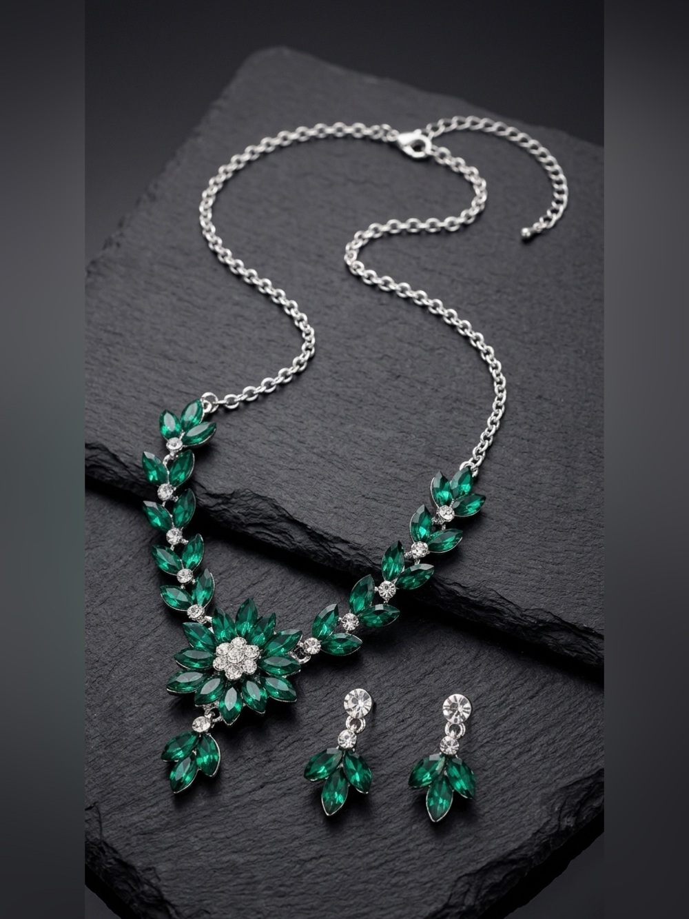 Emerald Green Crystal Floral Necklace & Earrings Set